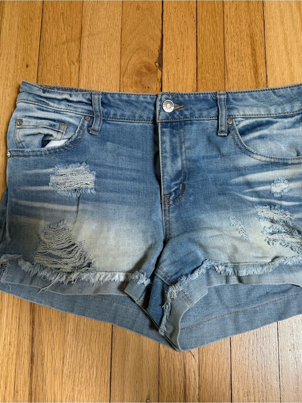 Celebrity Pink Light Blue Distressed Denim Shorts